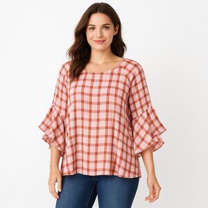Lauren Conrad Plaid Ruffle Sleeve Blouse‎ Womens L Pink Rust Gingham Cottagecore
